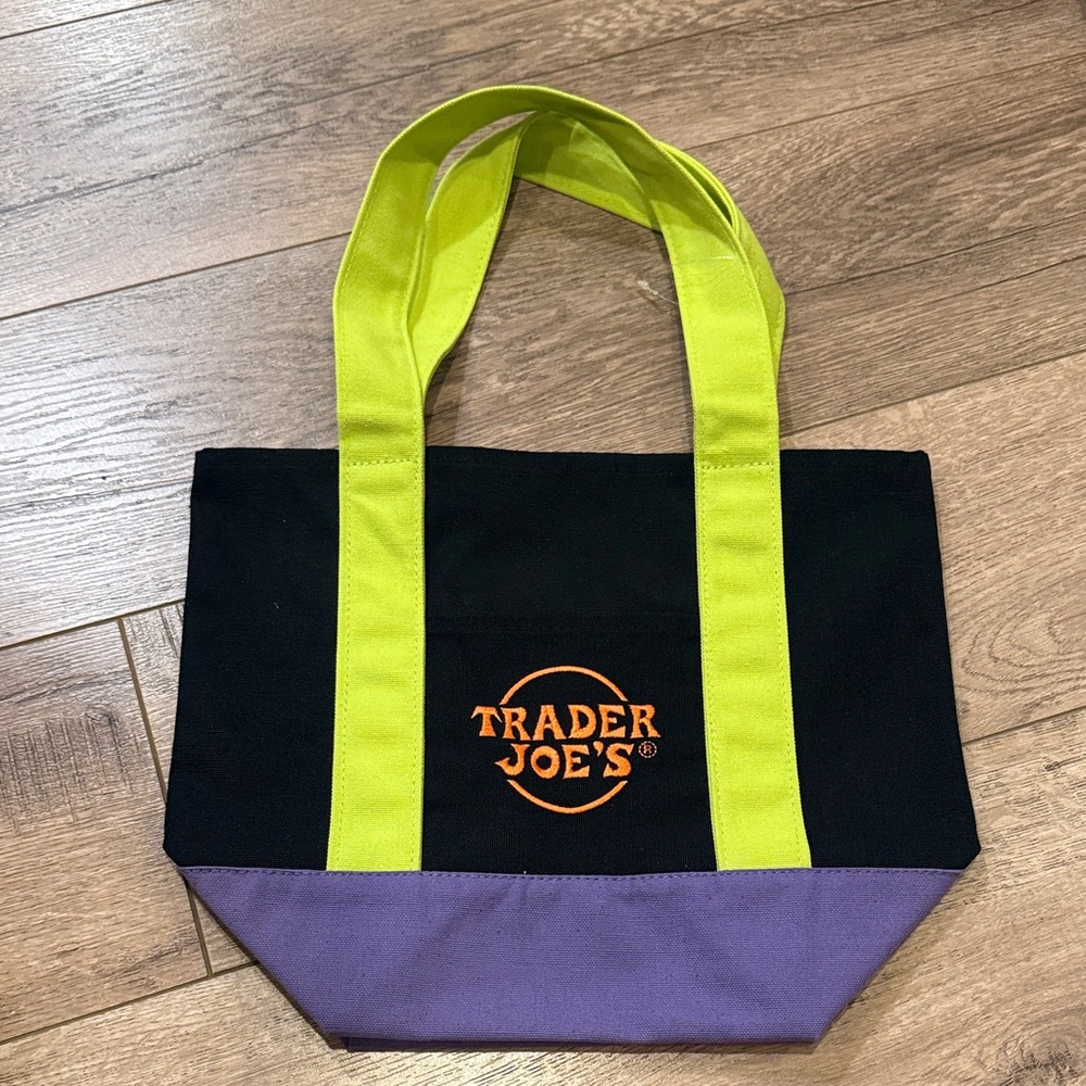 Trader Joe's Black and Purple Tote with Green Handles